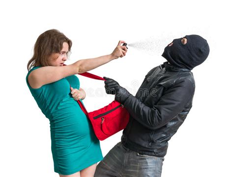 Self Defense Concept Young Woman Defending Pepper Spray Women Against Thief Burglar Isolated