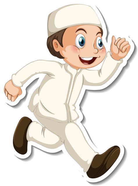 A Sticker Template With A Muslim Boy In Walking Pose Cartoon Character