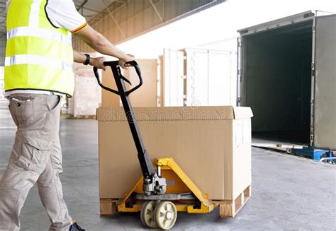 Worker Courier Unloading Package Boxes Into Cargo Container Delivery Service Truck Loading At