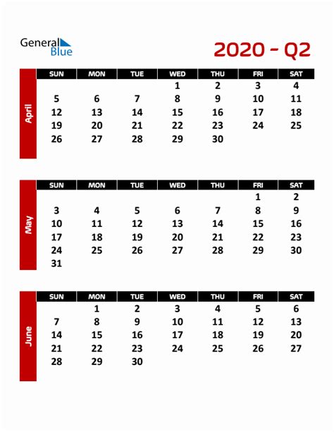 Q2 Quarterly Calendar 2020 In Pdf Word Excel