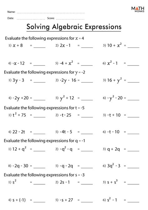 Th Grade Algebraic Expressions Worksheets Math Monks