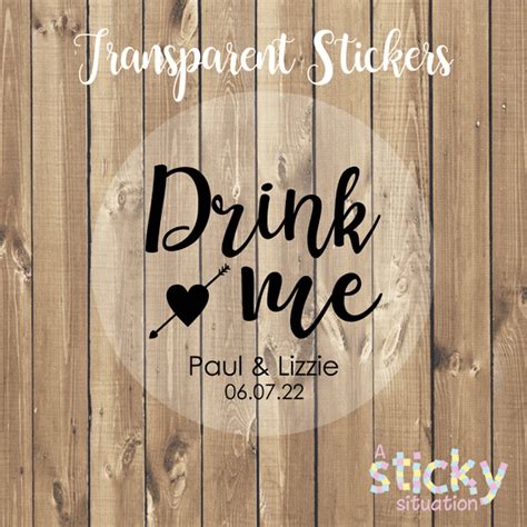 Personalised Transparent Drink Me Stickers Heart Design
