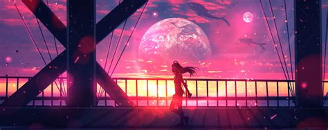 2560x1024 Girl Walking With Headphones Anime Digital Art 2560x1024