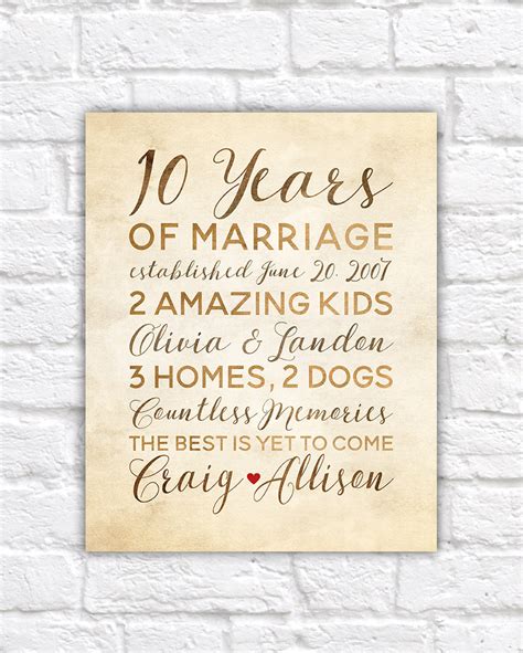 As you look around for 10 year anniversary gifts, you're going to discover that there are a variety of options; 10 Year Anniversary Gift, Wedding Anniversary Decor ...