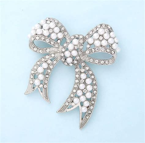 rhinestone bow brooch wedding bridal sash crystal pearl silver bowknot broach necklace cake