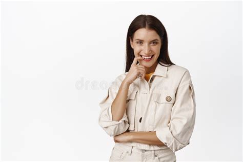 Sassy Brunette Woman Smiling Flirty Biting Finger And Smiling Cunning