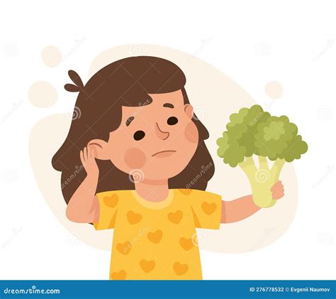 Little Girl Character Showing Dislike And Disgust Holding Broccoli