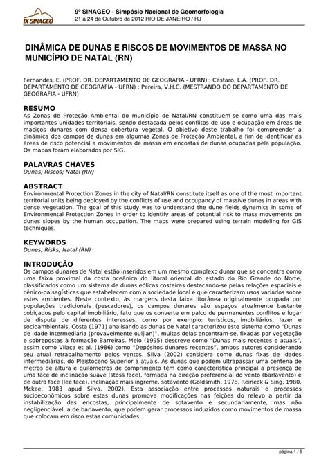 Pdf 9º Sinageo Simpósio Nacional De Geomorfologia DinÂmica De Dunas E Riscos De Movimentos De