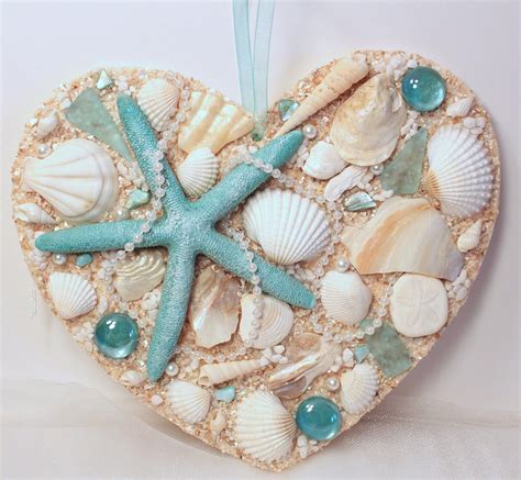 Shell Heart Plaque Beach Shell Heart With Starfish And Sea Glass Beach