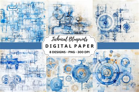 Technical Blueprints Digital Paper Graphic By Pcudesigns · Creative Fabrica