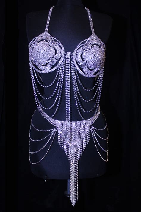Burlesque Belly Dance Deluxe Crystal Rhinestone Bra And Fringe Skirt Belt Set Belly Dance Costume