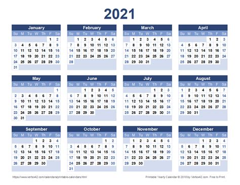 Printable Horizontal Calendar 2021 The Calendars Have Large 2021 Dates