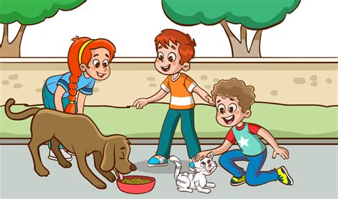 Children Feeding Stray Animals Cartoon Vector 19015974 Vector Art At