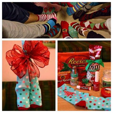 Christmas Sock Exchange Fill Socks With Treats And Tie Them With A Bow