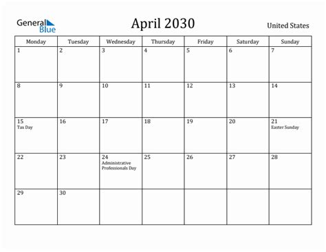April 2030 United States Monthly Calendar With Holidays