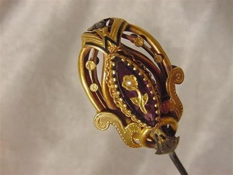 Victorian Amethyst Glass And Enamel Gilt Dore Hatpin Hat Pins Antique