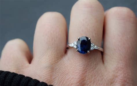Deep Blue Sapphire Engagement Ring Oval Navy Blue Sapphire Diamond Ring