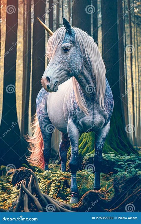 Realistic Rainbow Unicorn In A Forest Generative Ai Stock Photo