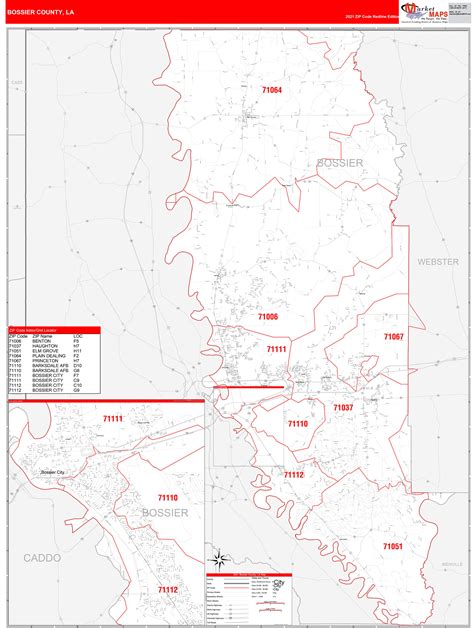 Bossier County, LA Zip Code Wall Map Red Line Style by MarketMAPS