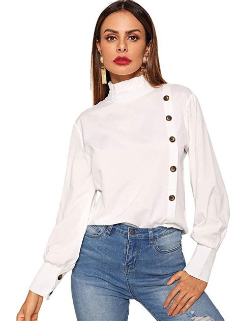 Floerns High Neck Collar Button Front Blouse Women White Blouse Women Shirts Blouse Blouses