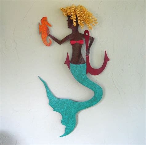 Hand Made Handmade Upcycled Metal Mermaid With Seahorse Wall Art