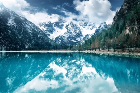 Mountain Lake With Perfect Reflection At Sunny Day In Autumn Dolomites