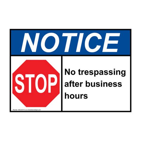 Notice Sign No Trespassing After Business Hours Ansi No Trespassing