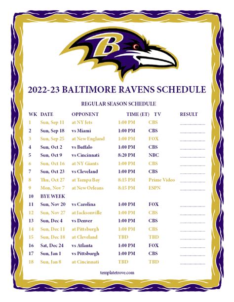 Printable 2022 2023 Baltimore Ravens Schedule