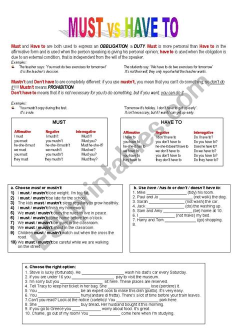 Must Vs Have To Esl Worksheet By Sarasimo97