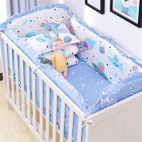 6pcsset Blue Universe Design Crib Bedding Set Cotton Toddler Baby Bed