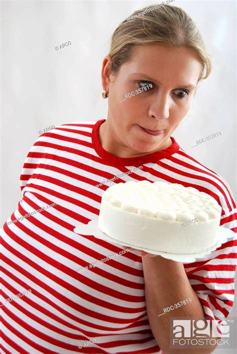 Chubby Woman With Cake Pie Torte Cream Tart Stock Photo Picture