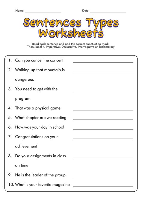 Sentence And Its Types Worksheet