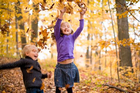 Kids Playing In Yellow Fall Leaves In Autumn Del Colaborador De