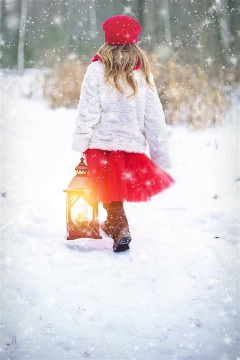 Winter Snow Snowing Little Girl Lantern Red Christmas Cold