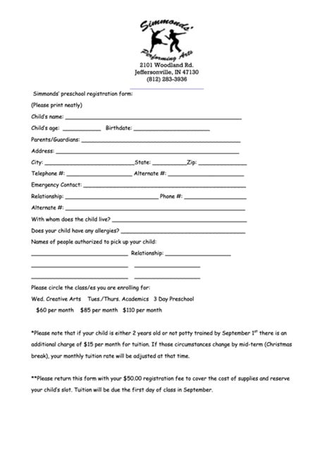 Preschool Registration Form Printable Pdf Download