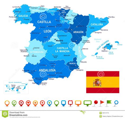 Hiszpania to idealny kraj na wspaniałe wczasy i wakacje. Ilustracja Hiszpania Mapa, Flaga I Nawigacj Ikony ...