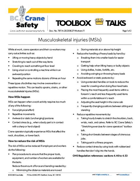 Toolbox Talks Musculoskeletal Injuries MSIs BC Crane Safety