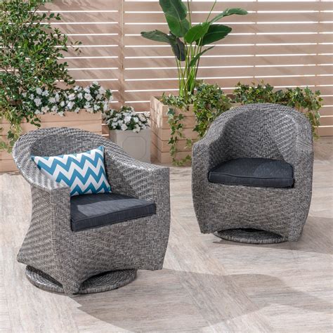 Resin outdoor chairs are great companions to all weather wicker sofas or loveseats and they make wonderful pairings placed with accent tables at the tradition also runs deep in wingback and armless occasional outdoor wicker chairs. Mackenzie Outdoor Swivel Wicker Chairs with Cushions, Set ...