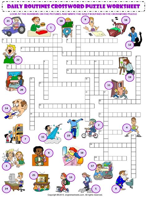 Daily Routines Esl Printable Crossword Puzzle Worksheets Fun Writing