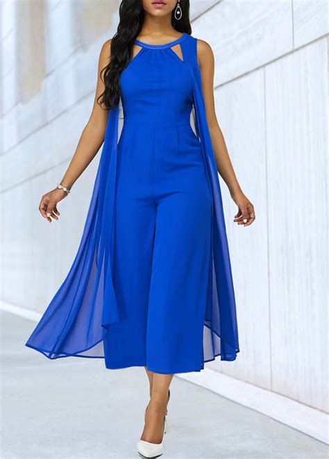 Royal Blue Cutout Neckline Sleeveless Chiffon Jumpsuit Chiffon Jumpsuit Fashion Royal Blue