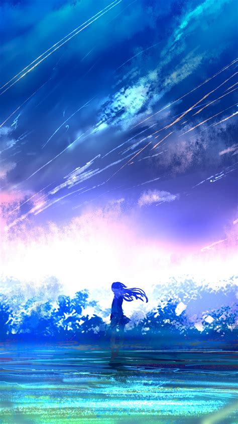 Download 1080x1920 Anime Girl Falling Stars Scenic Colorful