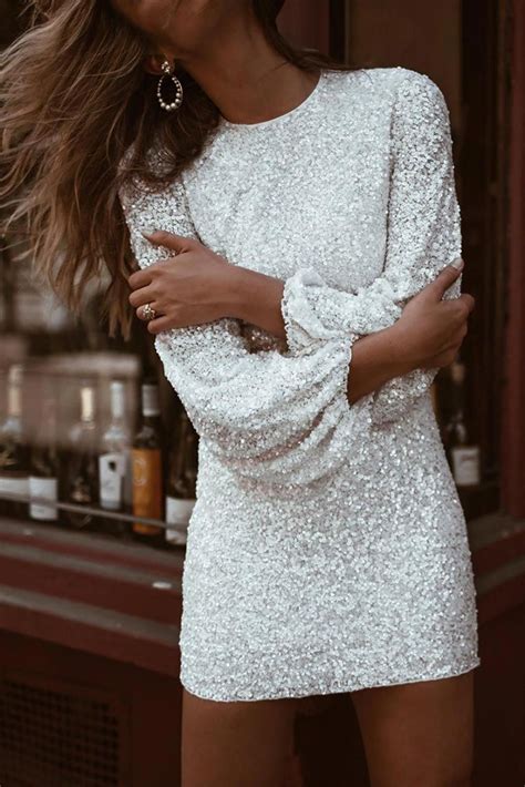 White Puffy Sleeve Sequin Party Mini Dress Mini Dress With Sleeves