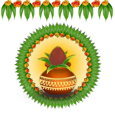 Happy Ugadi Festival Kalash Pot And Mango Leaf With Marigold Images