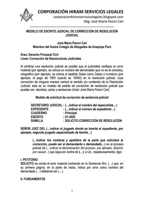 Modelo De Escrito Judicial De CorrecciÓn De ResoluciÓn Judicial By