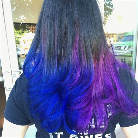 Indigo And Violet Two Toned Hair Ombréd Into Natural Color Hair By
