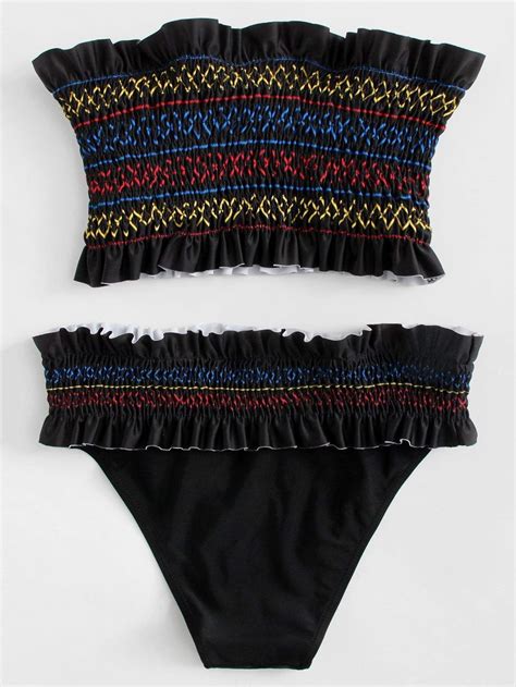Black Argyle Print Bandeau Swimsuit Frill Trim Smocked Bikini Bottom