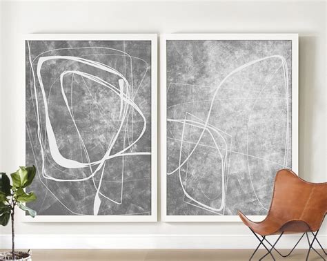 Abstract Art Set Of 2 Gray White Painting Abstract Art Print Large
