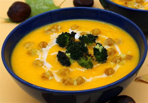 Creamy Vegan Pumpkin Soup With Roasted Chickpeas And Broccoli Bunny