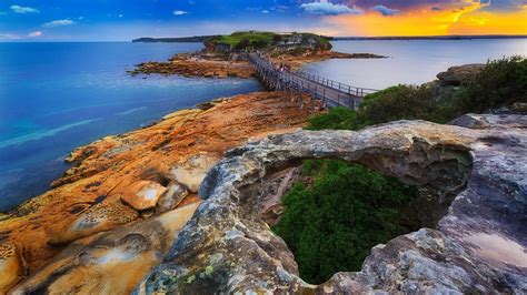 Wallpaper Sunset Rocks Trees Bridge Australia Sea Sydney