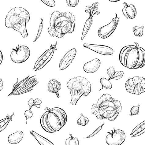 Premium Vector Seamless Pattern Outline Vegetables Doodle Illustration